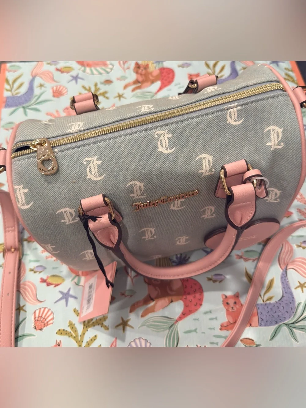 Juicy Couture Denim Purse w Long Strap & White Gothic Lettering w Pink Details